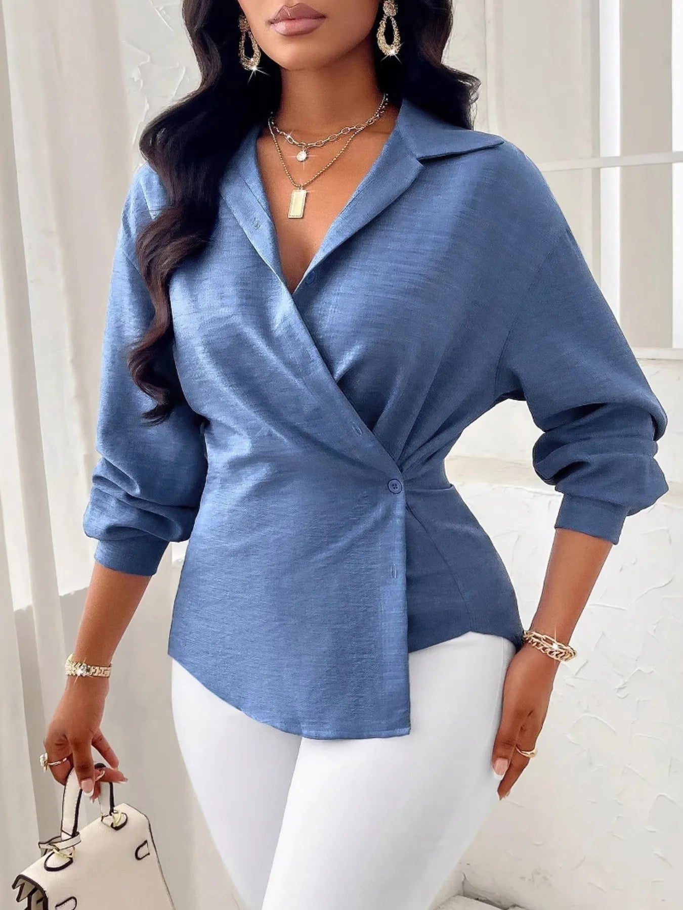 Trendsi Collared Long Sleeve Blouse Dusty Blue