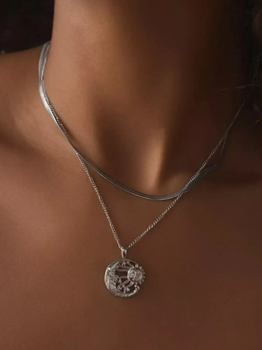 Double Layer Sun Moon Necklace Silver One Size Easy Apparels