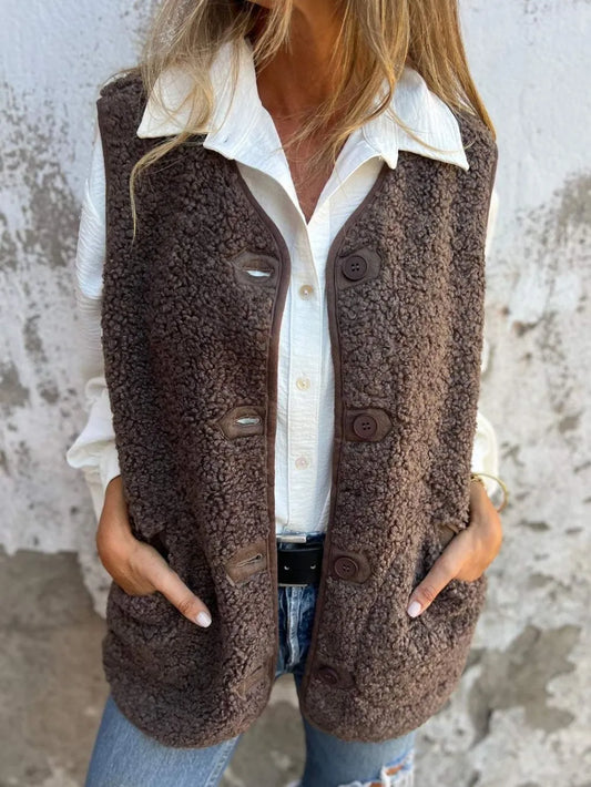 Full Size Pocketed Button Up V-Neck Sherpa Vest Coffee Brown Easy Apparels