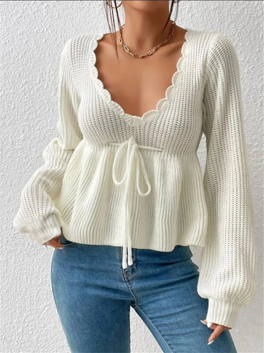 Trendsi Scalloped V-Neck Drawstring Knit Top White
