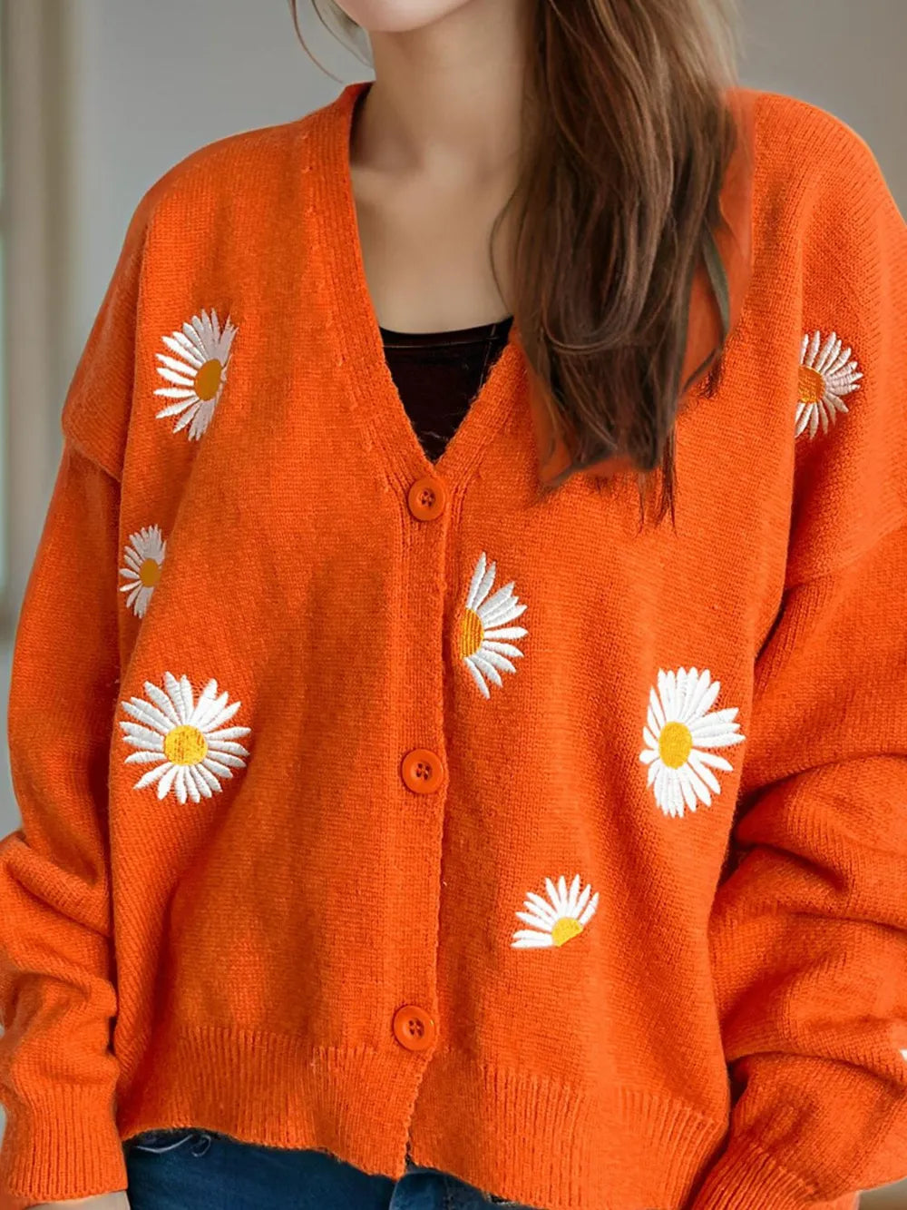 Daisy Button Up V-Neck Cardigan Easy Apparels