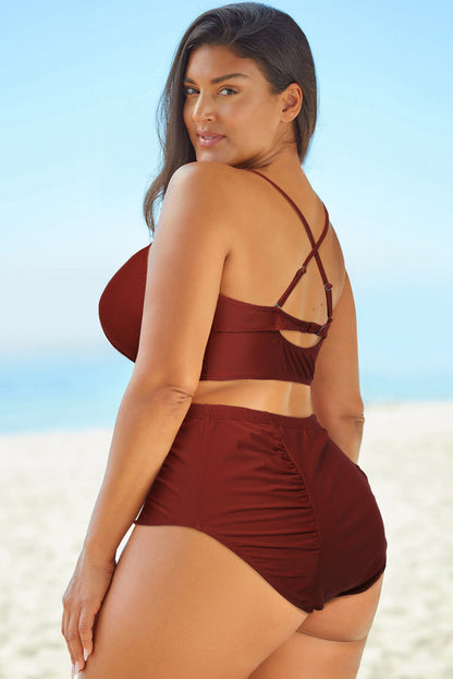 Full Size Halter Neck Crisscross Ruched Two-Piece Swimsuit Easy Apparels