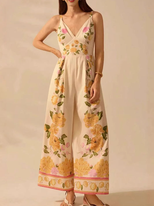 Floral Print Wide-Leg V-Neck Cami Jumpsuit Easy Apparels