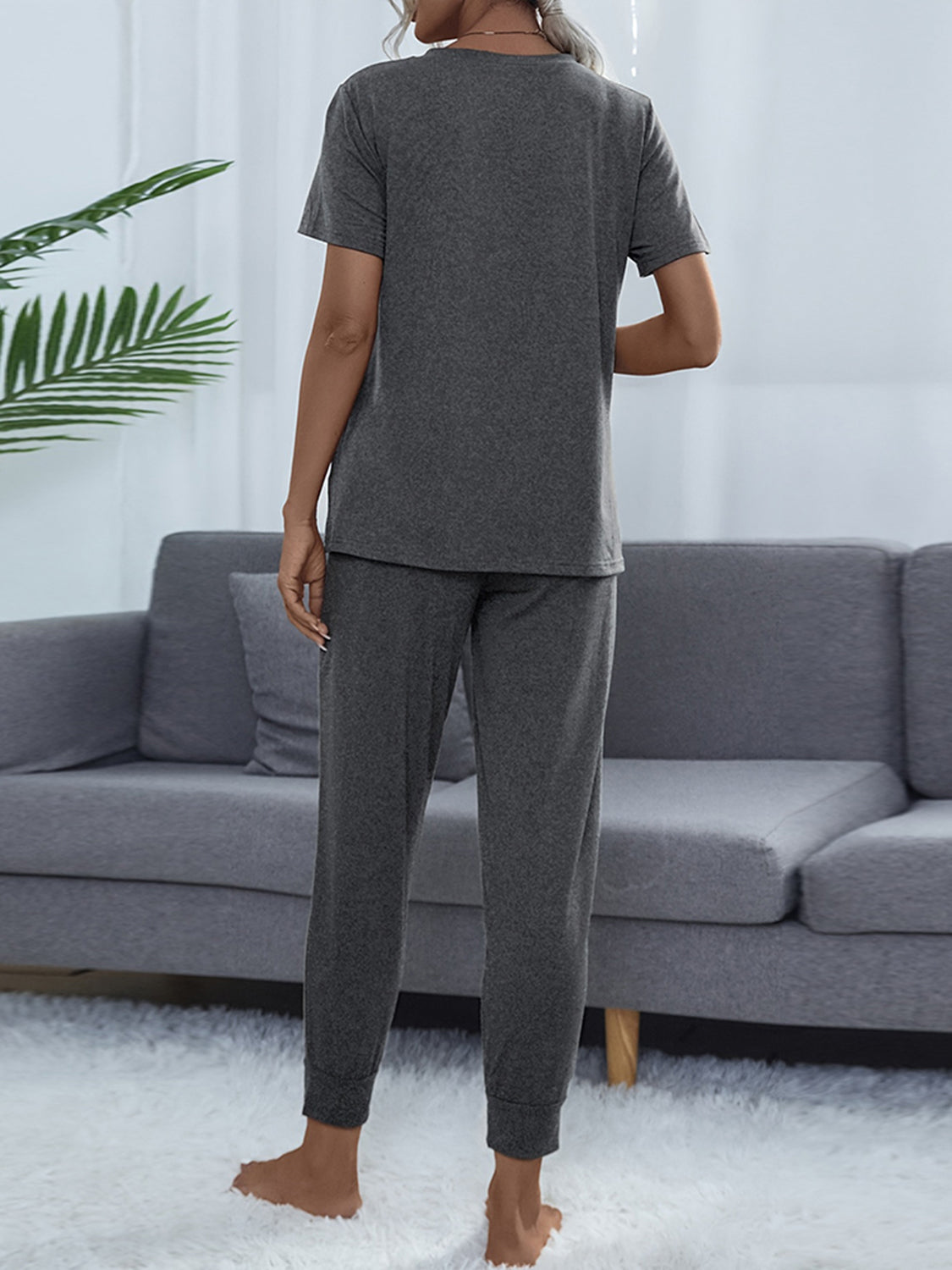 Shiny Round Neck Short Sleeve Top and Pants Set Easy Apparels
