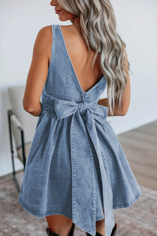 V-Back Bow Tie Denim Skater Dress Light Blue Easy Apparels