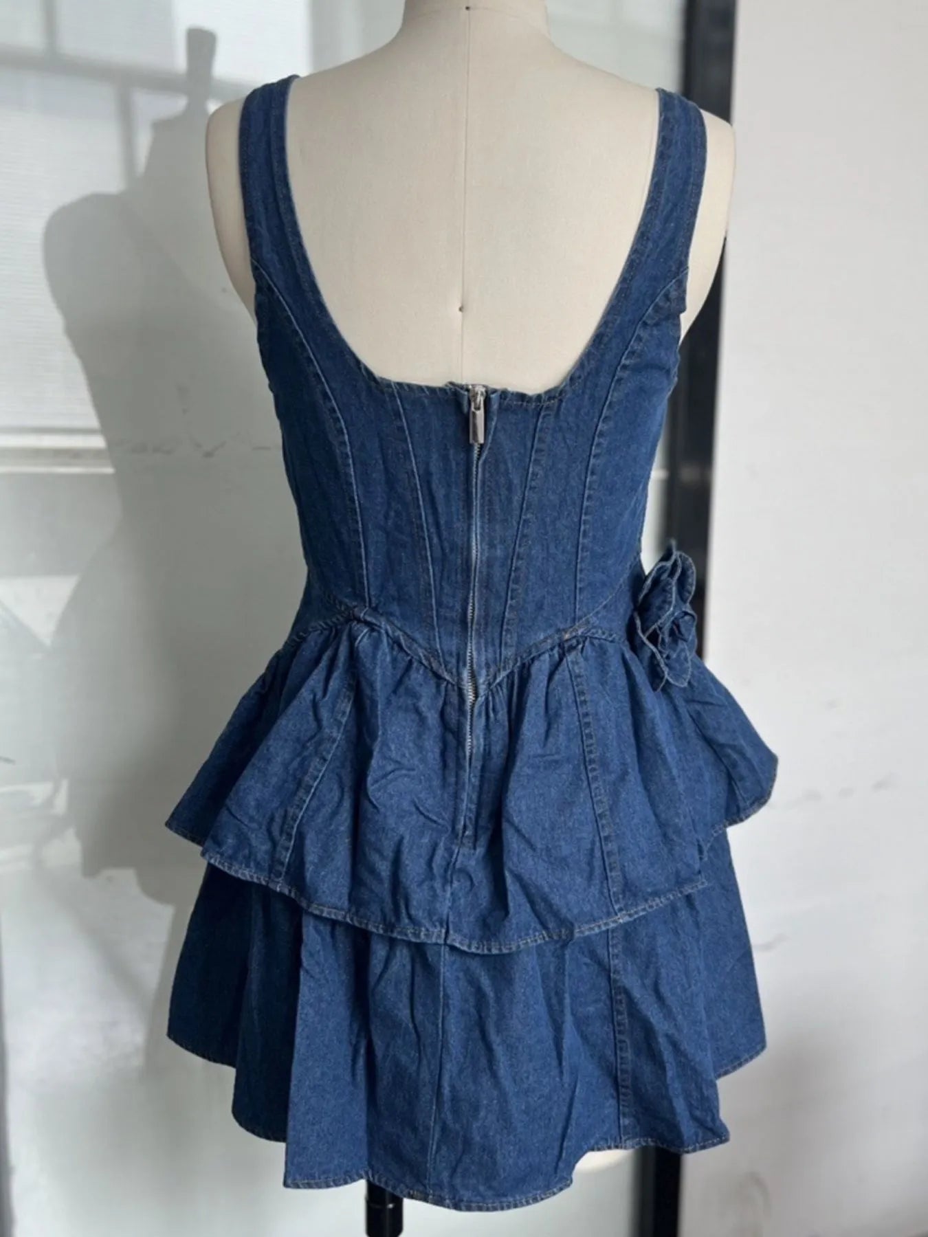 Ruffled Layered Scoop Neck Denim Dress Easy Apparels