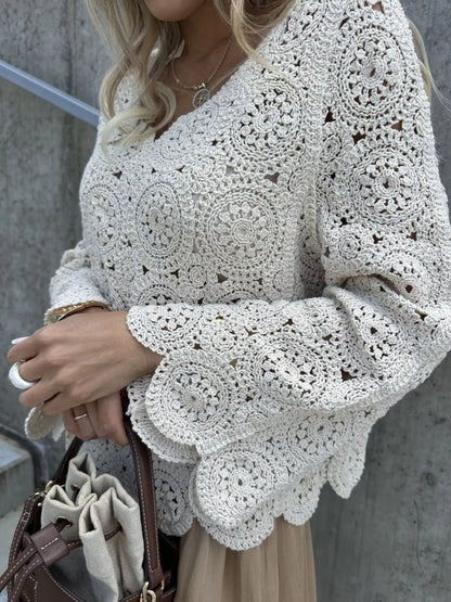 Trendsi Crochet Lace V-Neck Bell Sleeve Knit Top
