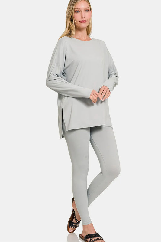 Zenana Full Size Brushed Microfiber Top and Leggings Lounge Set Lt Grey Easy Apparels