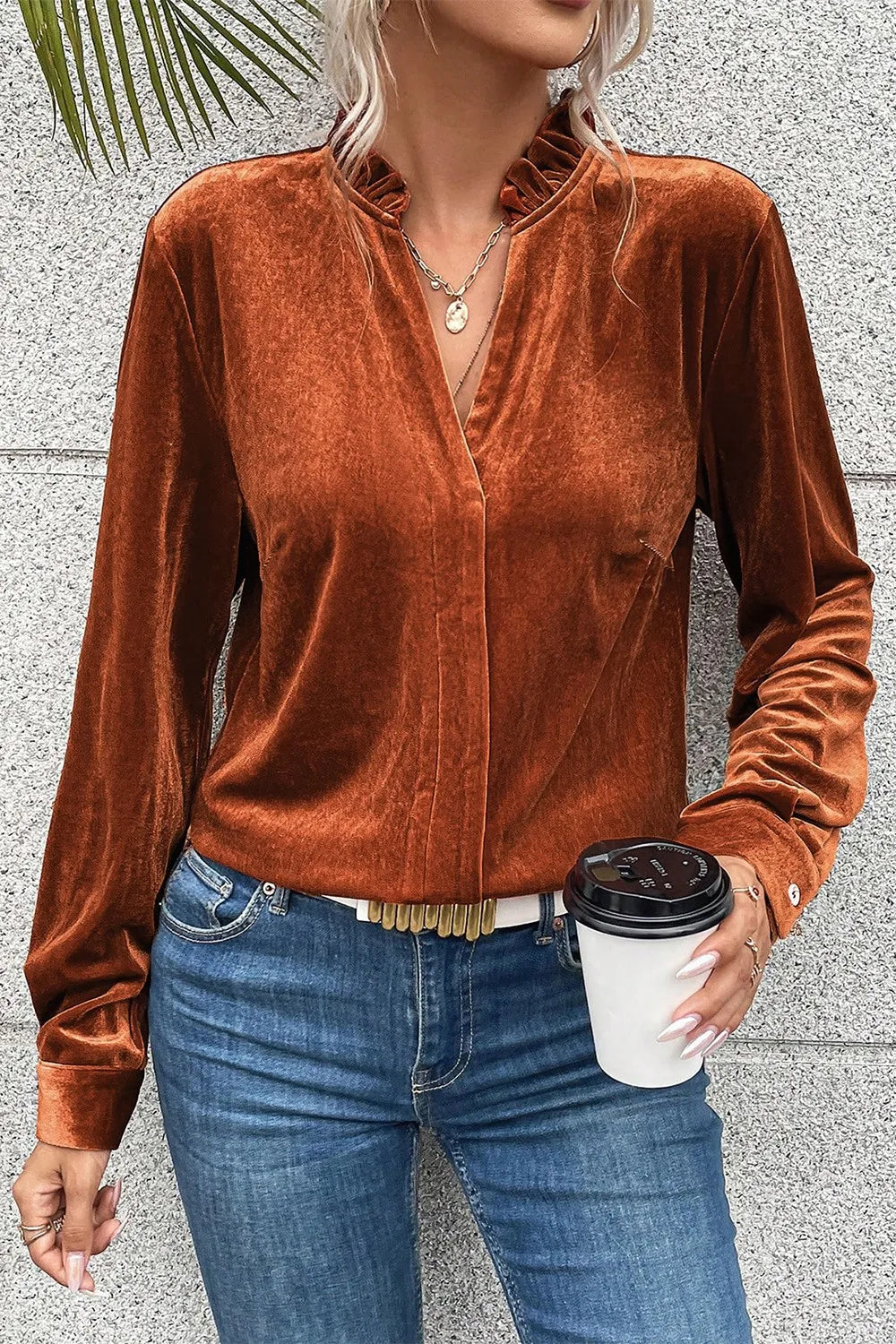 Trendsi Notched Frill Detail Long Sleeve Blouse