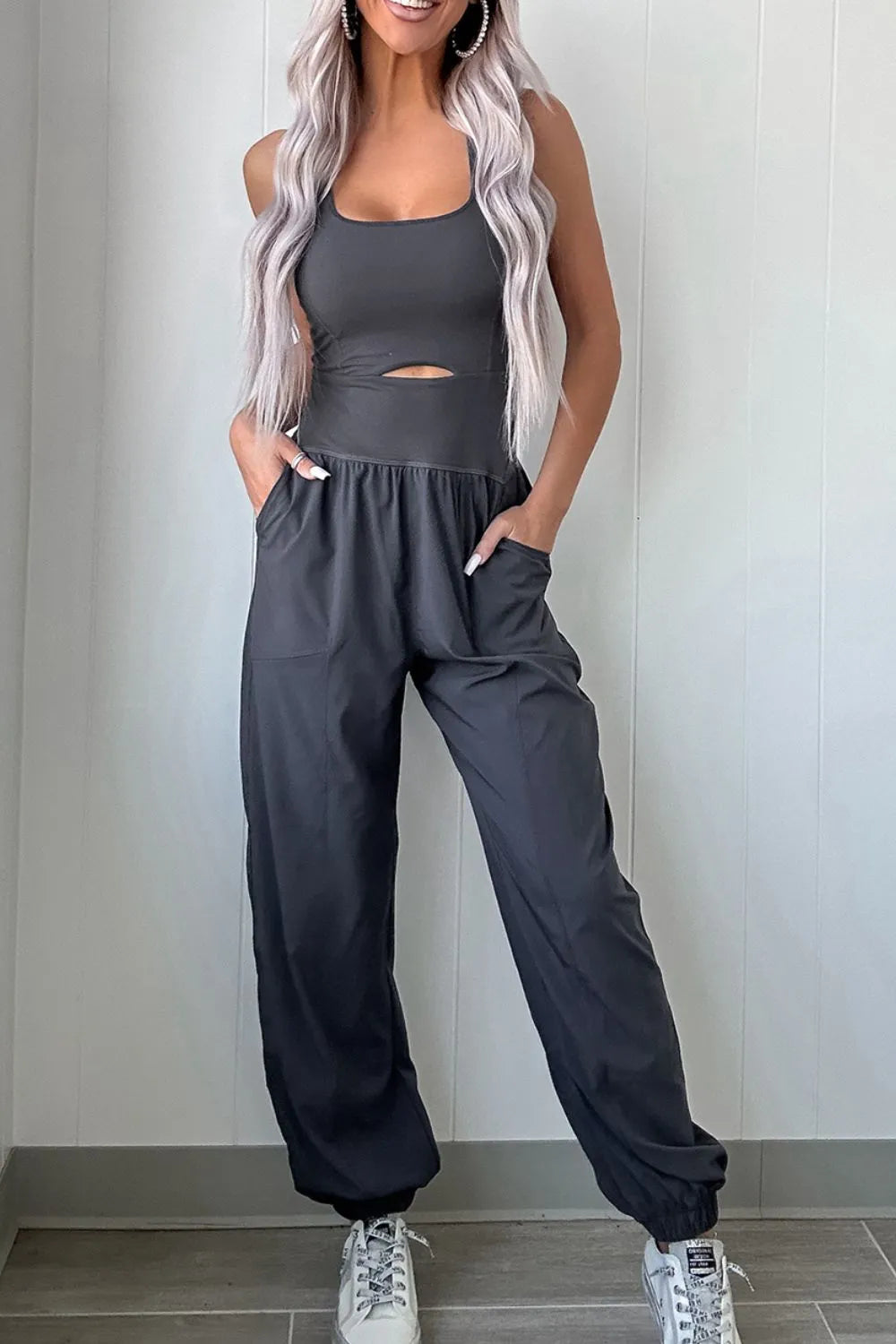 Cutout Square Neck Wide Strap Active Jumpsuit Easy Apparels