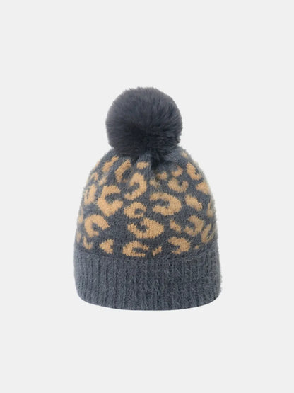 Leopard Hat with Pompom Dark Gray One Size Easy Apparels