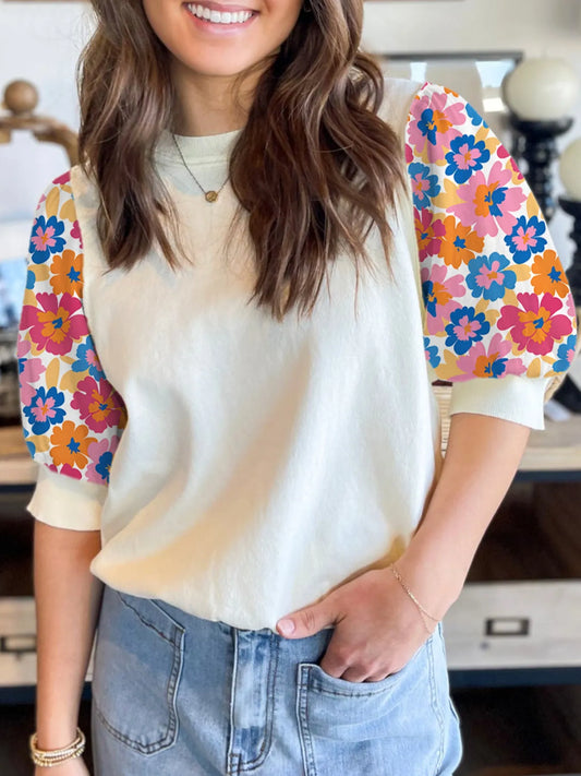 Trendsi Floral Puff Sleeve Round Neck T-Shirt Beige