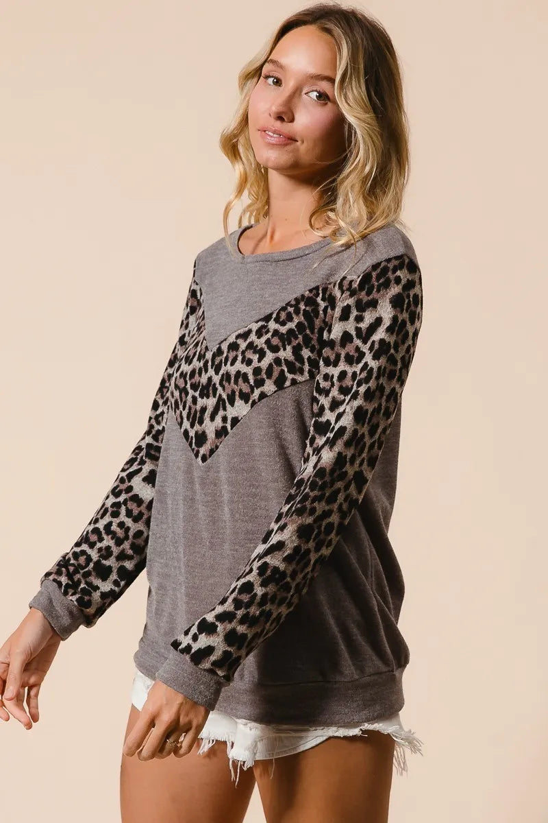 Trendsi BiBi Sweater Knit Top With Leopard V Shape Block