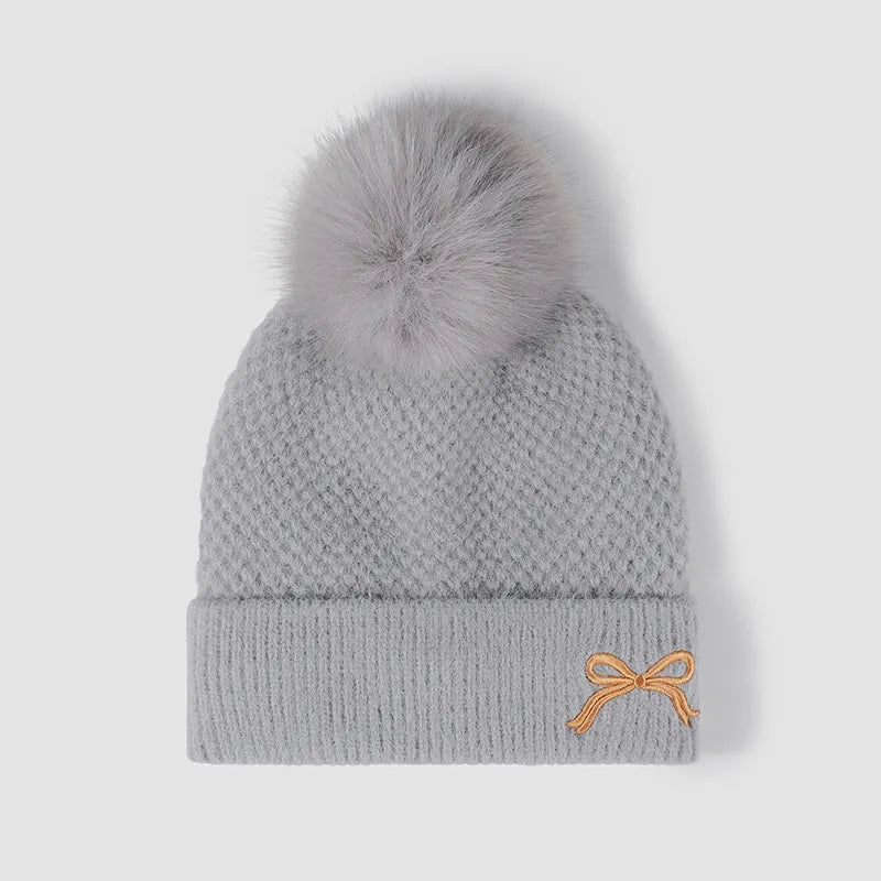 Thermal Bow Knit Hat with Pompom Gray One Size Easy Apparels