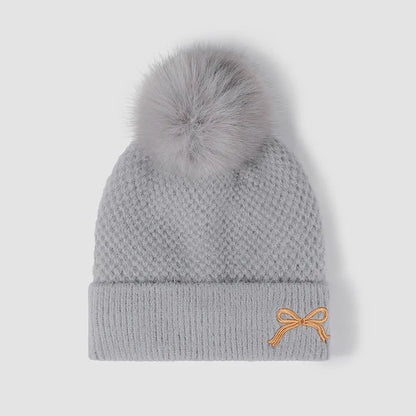 Thermal Bow Knit Hat with Pompom Gray One Size Easy Apparels