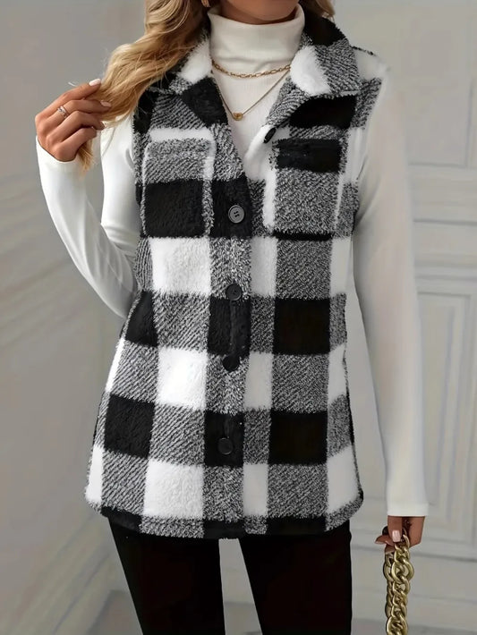 Plaid Button Up Vest Coat Black Easy Apparels