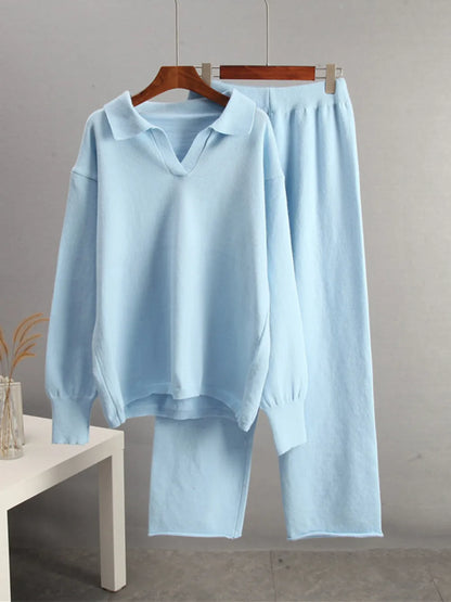 Johnny Collar Long Sleeve Top and Pants Sweater Set Easy Apparels