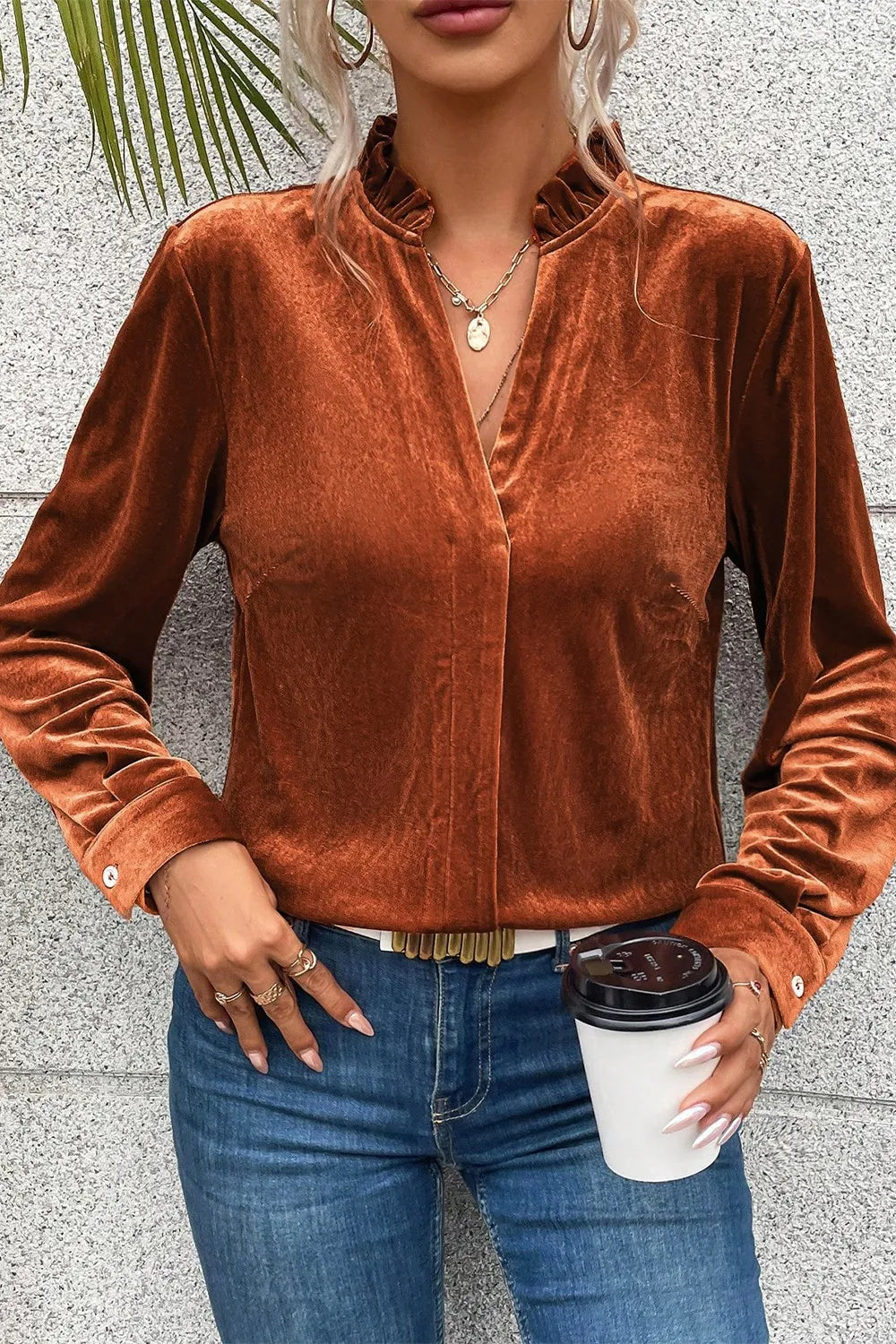 Trendsi Notched Frill Detail Long Sleeve Blouse