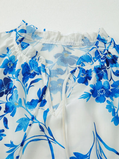 Trendsi Floral Long Sleeve Tie Neck Blouse