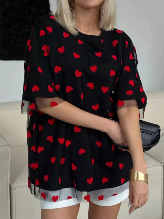 Trendsi Heart Print Oversized T-Shirt Black