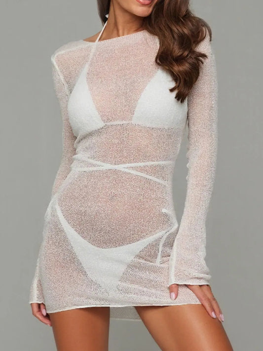 Sheer Backless Long Sleeve Mini Cover-Up Dress White Easy Apparels