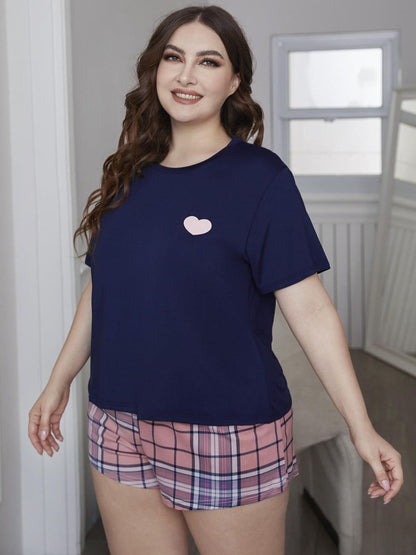 Plus Size Heart Graphic Top and Plaid Shorts Loungewear Set Navy Pink Easy Apparels