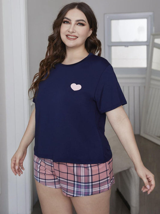 Plus Size Heart Graphic Top and Plaid Shorts Loungewear Set Navy Pink Easy Apparels
