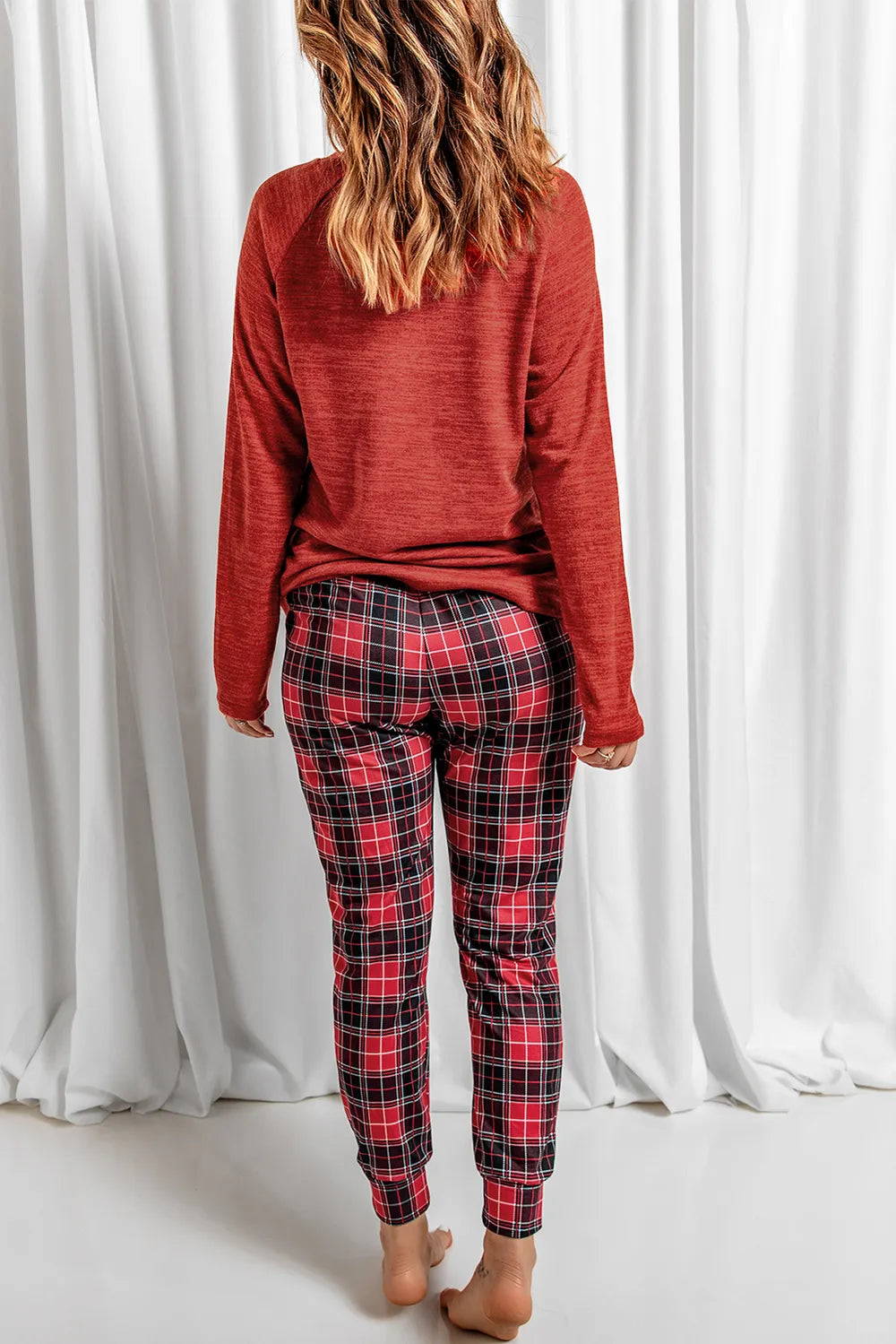 Round Neck Top and Drawstring Plaid Pants Lounge Set Easy Apparels
