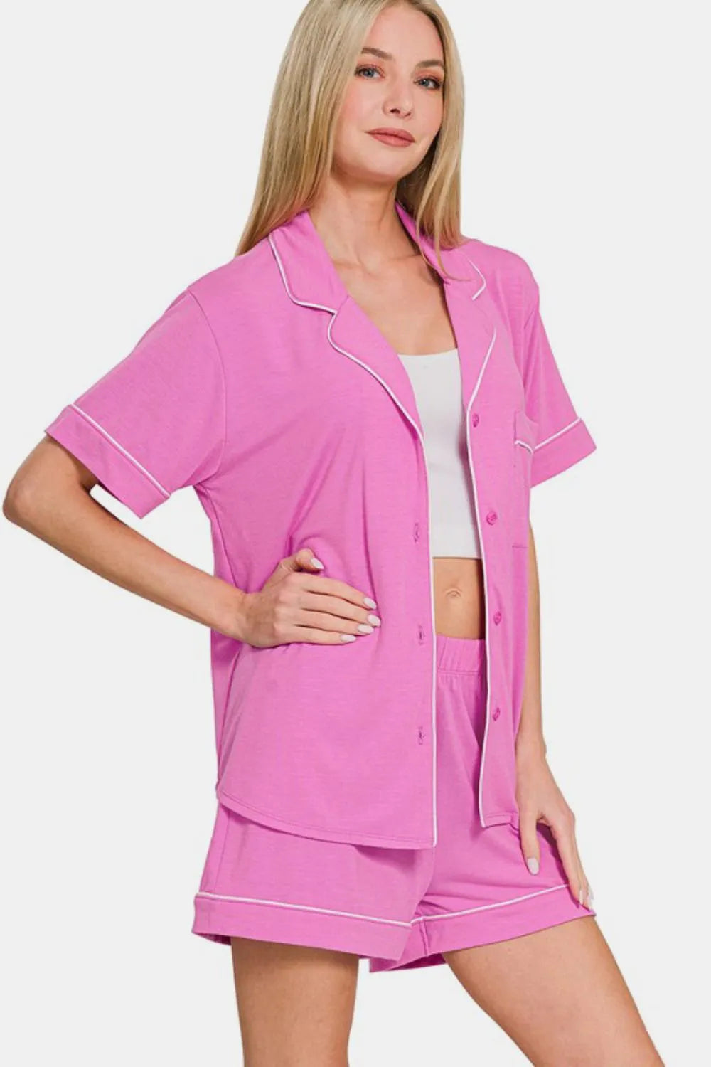 Zenana Button Down Short Sleeve Top and Shorts Lounge Set Easy Apparels
