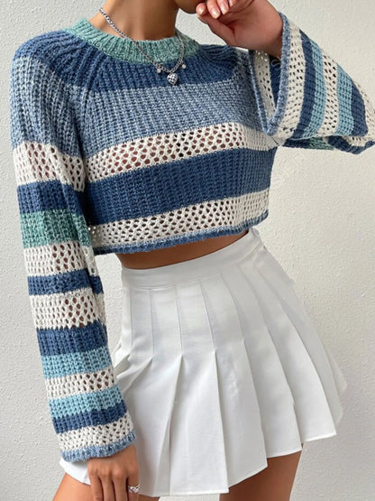 Trendsi Openwork Striped Color Block Crop Sweater