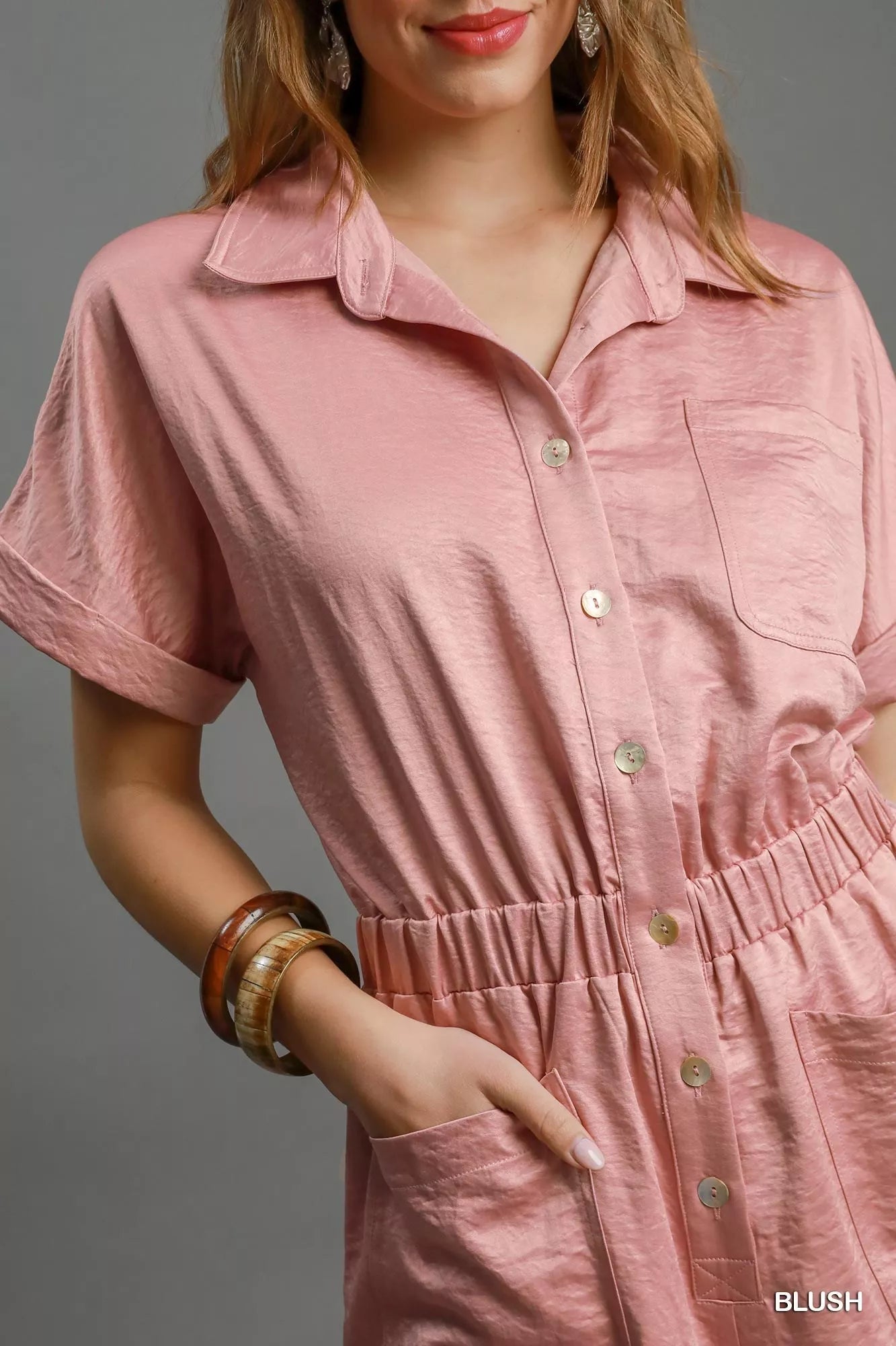 Umgee Button Down Charmeuse Romper Easy Apparels