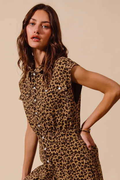 SO ME Wide Leg Leopard Twill Overalls Jumpsuit with Tuck Easy Apparels
