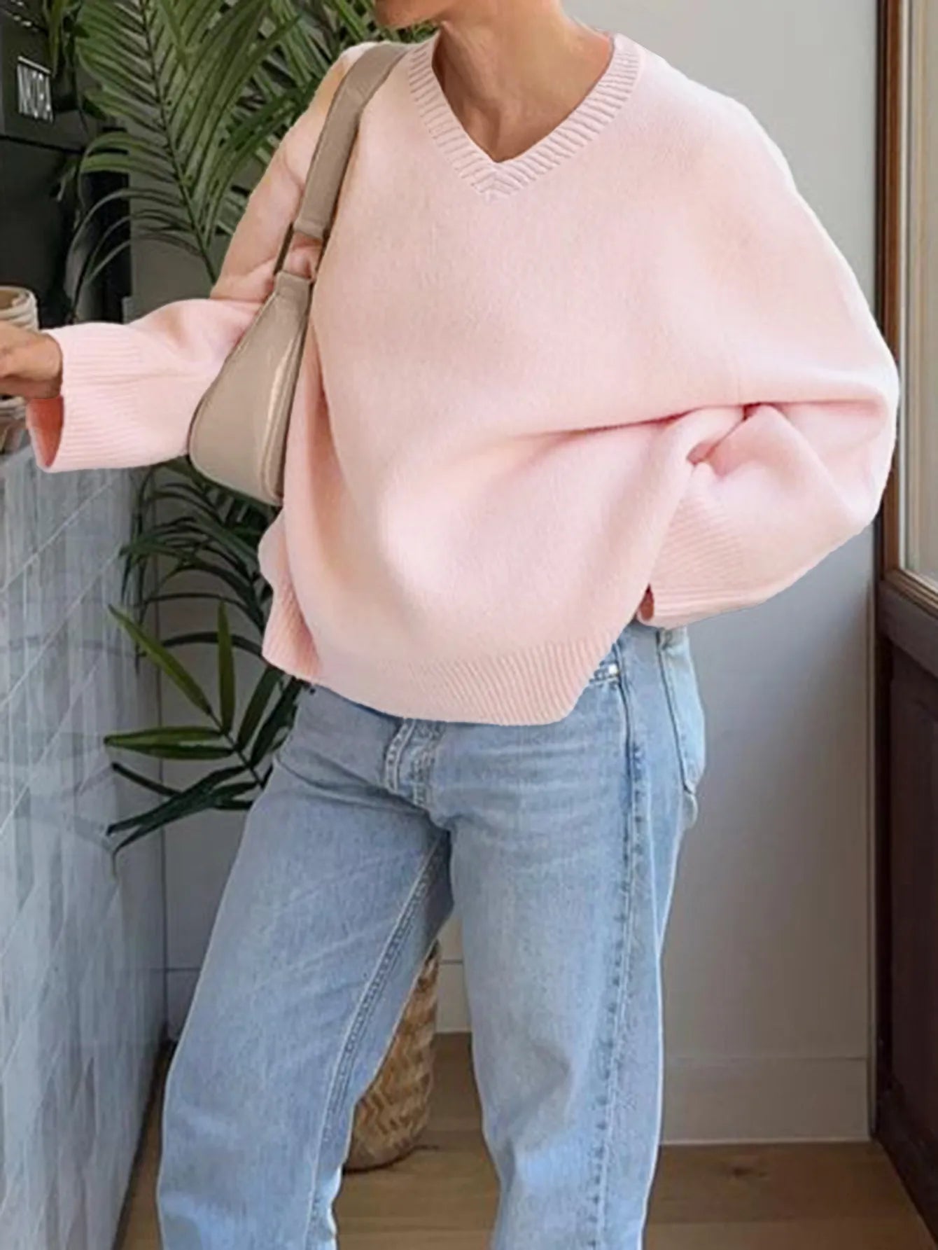 Trendsi V-Neck Long Sleeve Sweater Pink