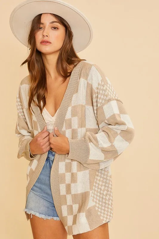 Trendsi Annie Wear Checkered Open Front Drop Shoulder Cardigan Tan