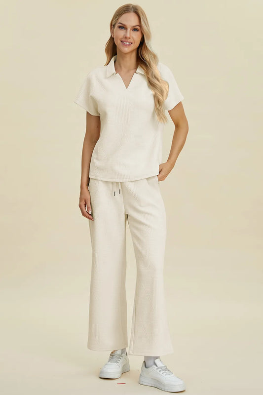 Double Take Full Size Collared Neck Short Sleeve Top and Pants Set Cream Easy Apparels