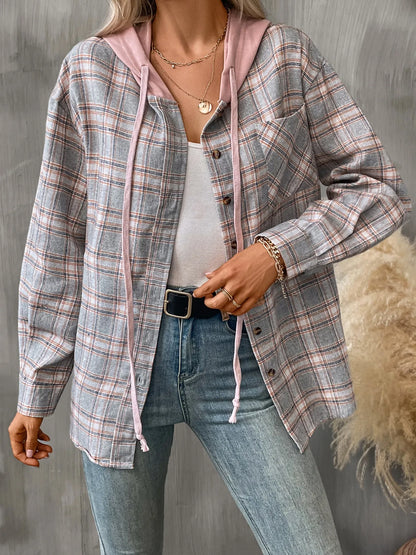 Trendsi Plaid Button-Up Hooded Shirt