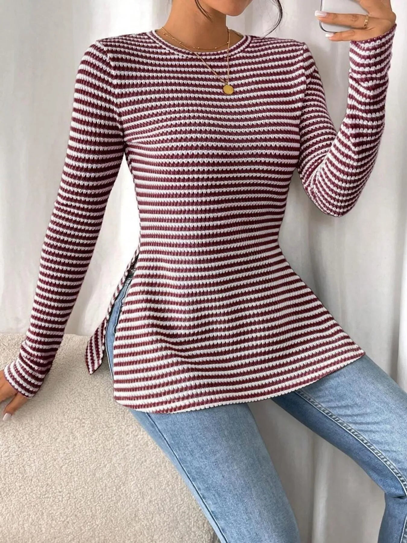Trendsi Side Slit Striped Long Sleeve T-Shirt