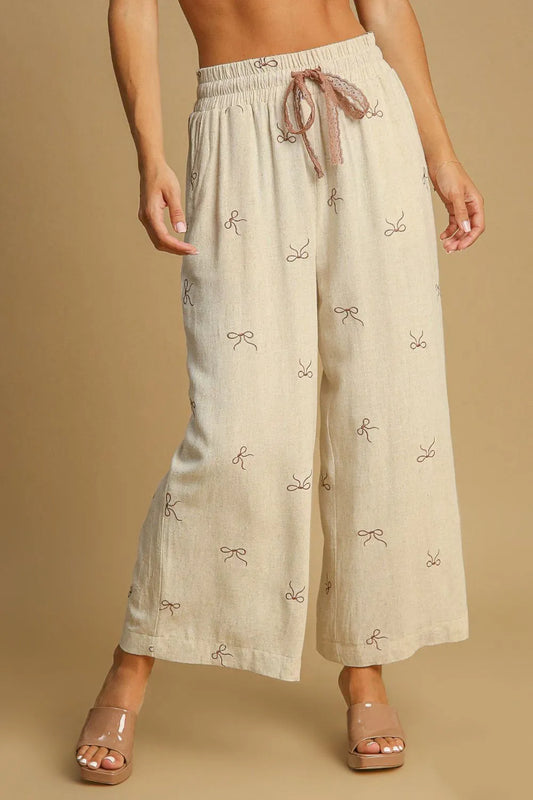 Umgee Full Size Lace Drawstring Embroidered Bow Wide Leg Pants Plus Size OATMEAL Easy Apparels