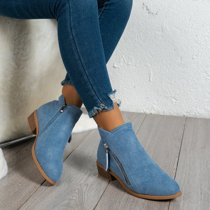 Side Zip Ankle Boots with Block Heel Blue Easy Apparels