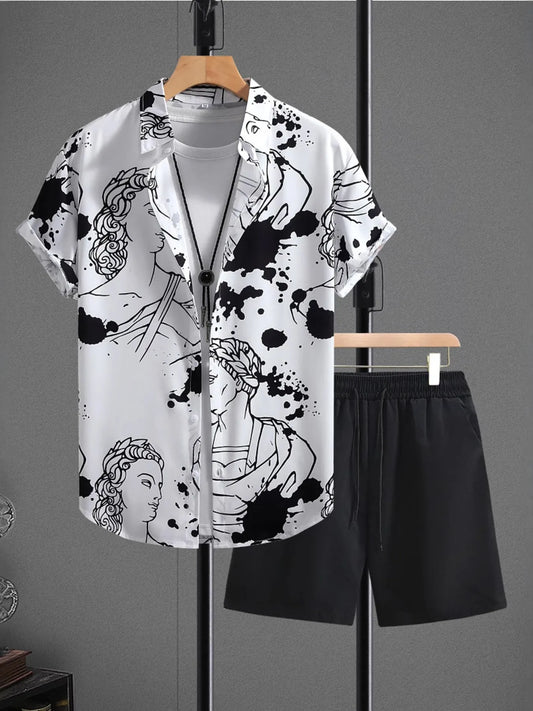 Men's Printed Button Up Shirt and Shorts Set Black Easy Apparels