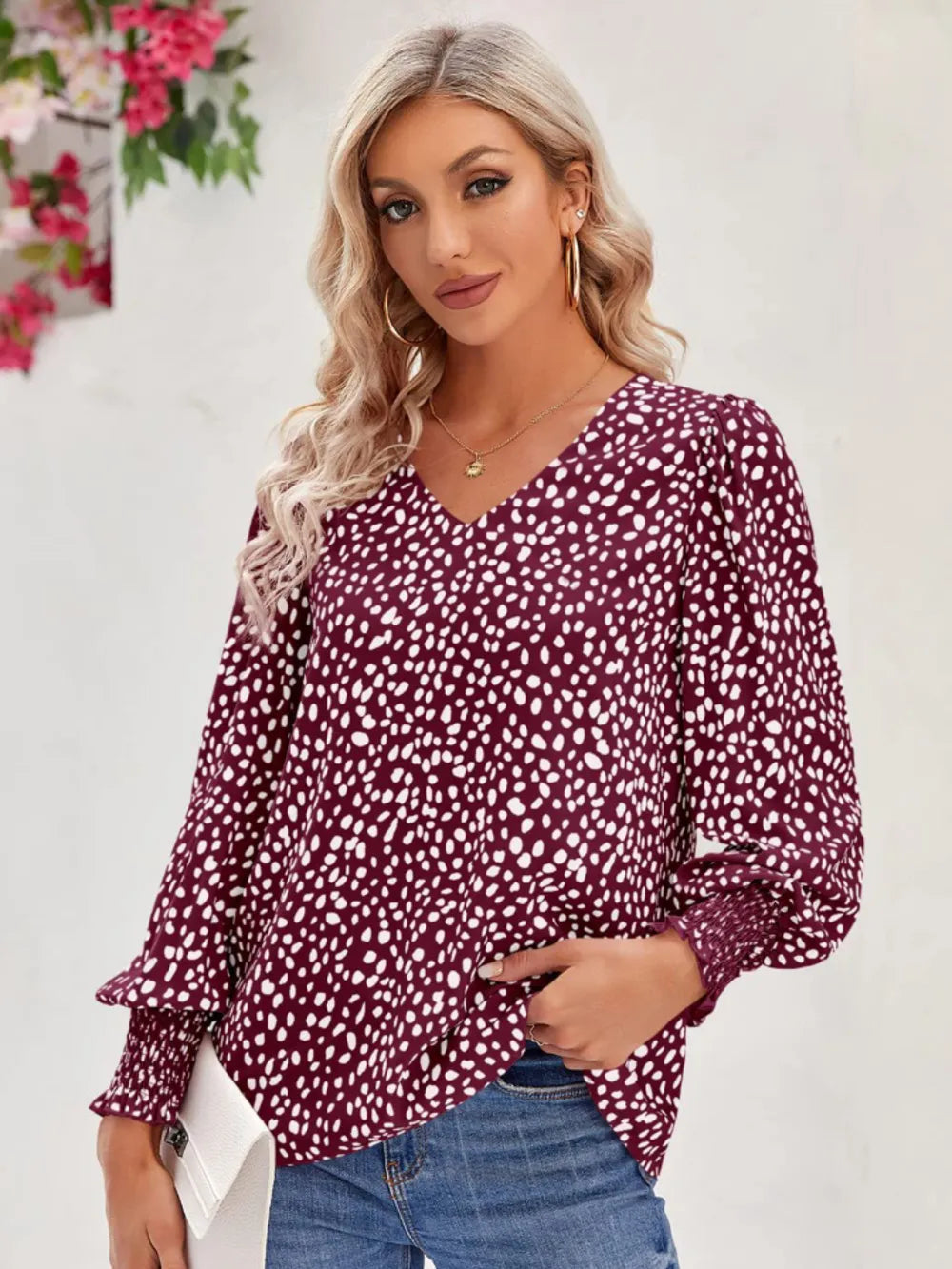 Trendsi Printed V-Neck Lantern Sleeve Blouse
