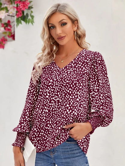Trendsi Printed V-Neck Lantern Sleeve Blouse