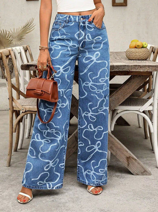 Wide Leg Printed Jeans 蓝色 Easy Apparels