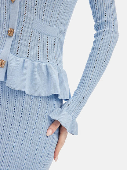 Ruffled V-Neck Top and Midi Skirt Sweater Set Easy Apparels