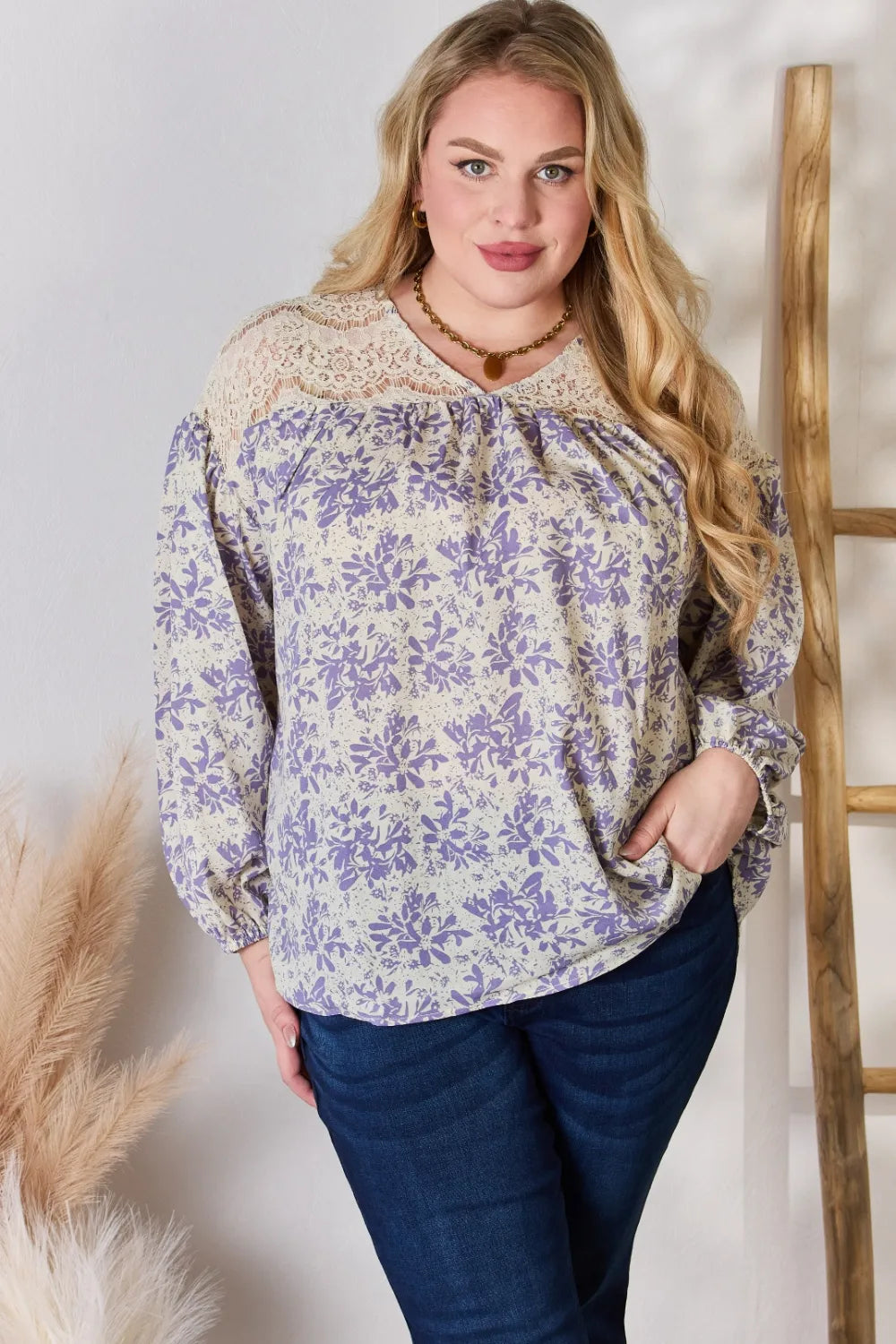 Trendsi Hailey & Co Full Size Lace Detail Printed Blouse