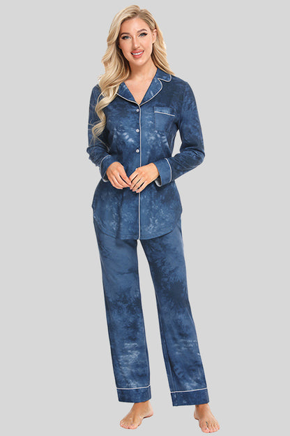 Collared Neck Long Sleeve Loungewear Set with Pockets French Blue Easy Apparels