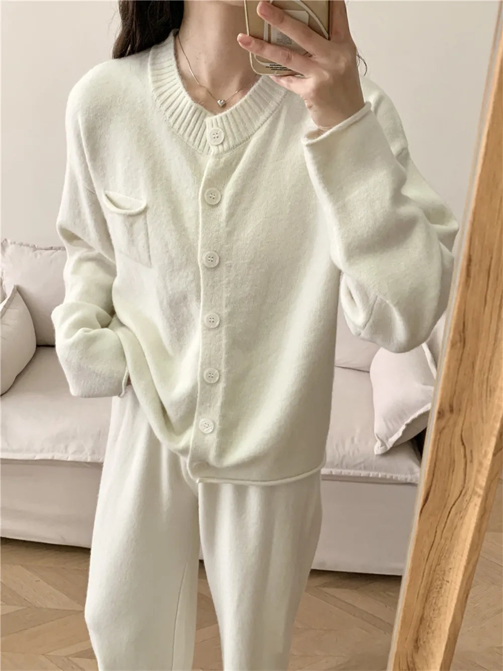 Pocketed Round Neck Button Up Cardigan and Pants Sweater Set Easy Apparels