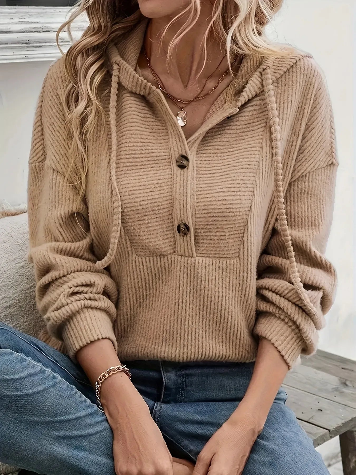 Trendsi Drawstring Button Front Hoodie