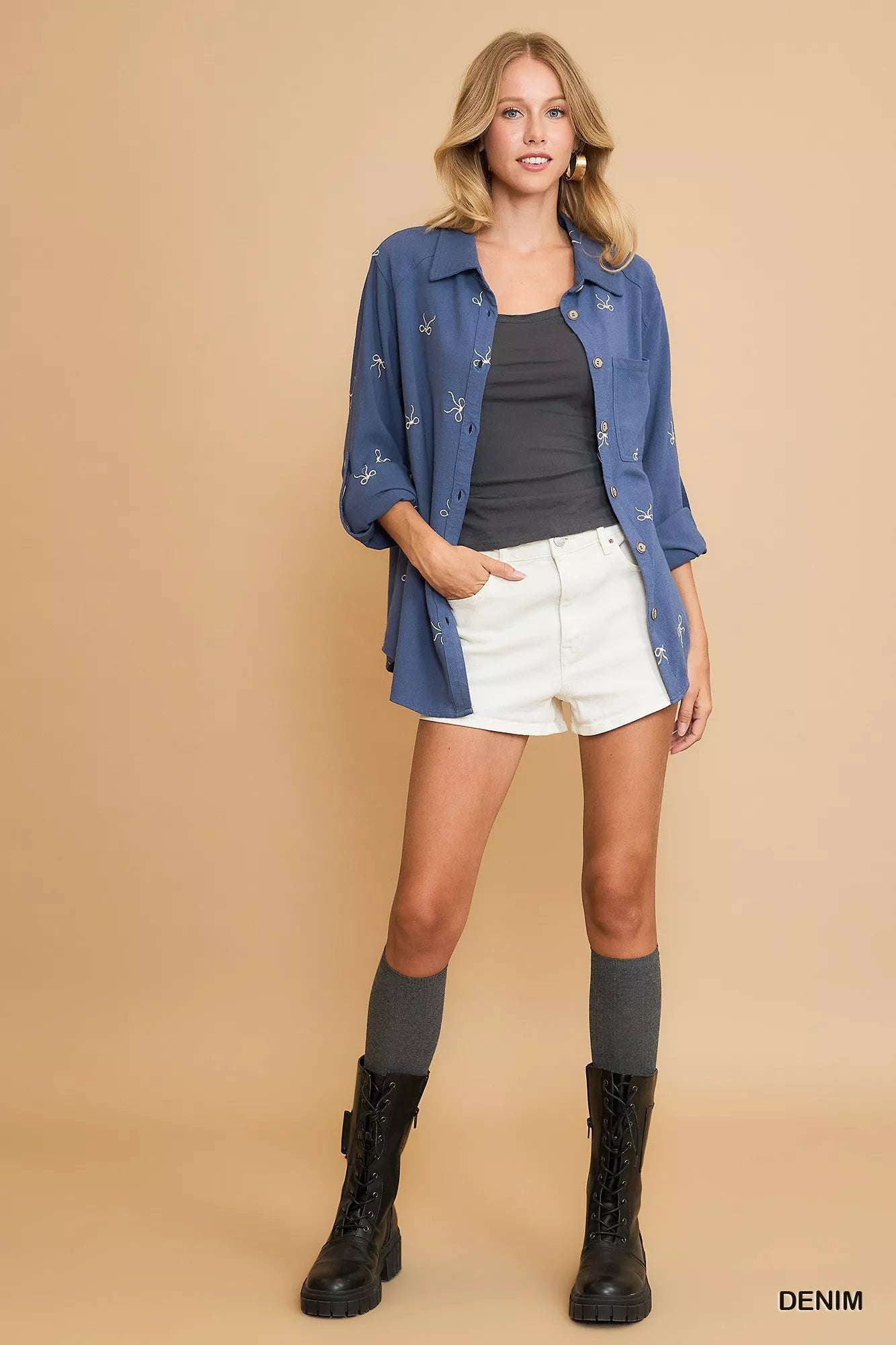 Umgee Linen Blend Fitted Shirt with Ribbon Embroidery Details Easy Apparels