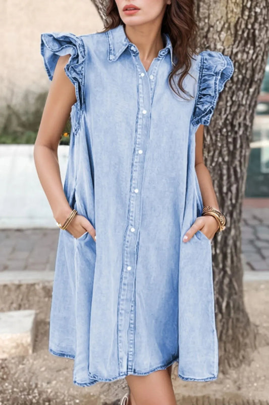 Ruffled Button Front Cap Sleeve Denim Dress Light Blue Easy Apparels